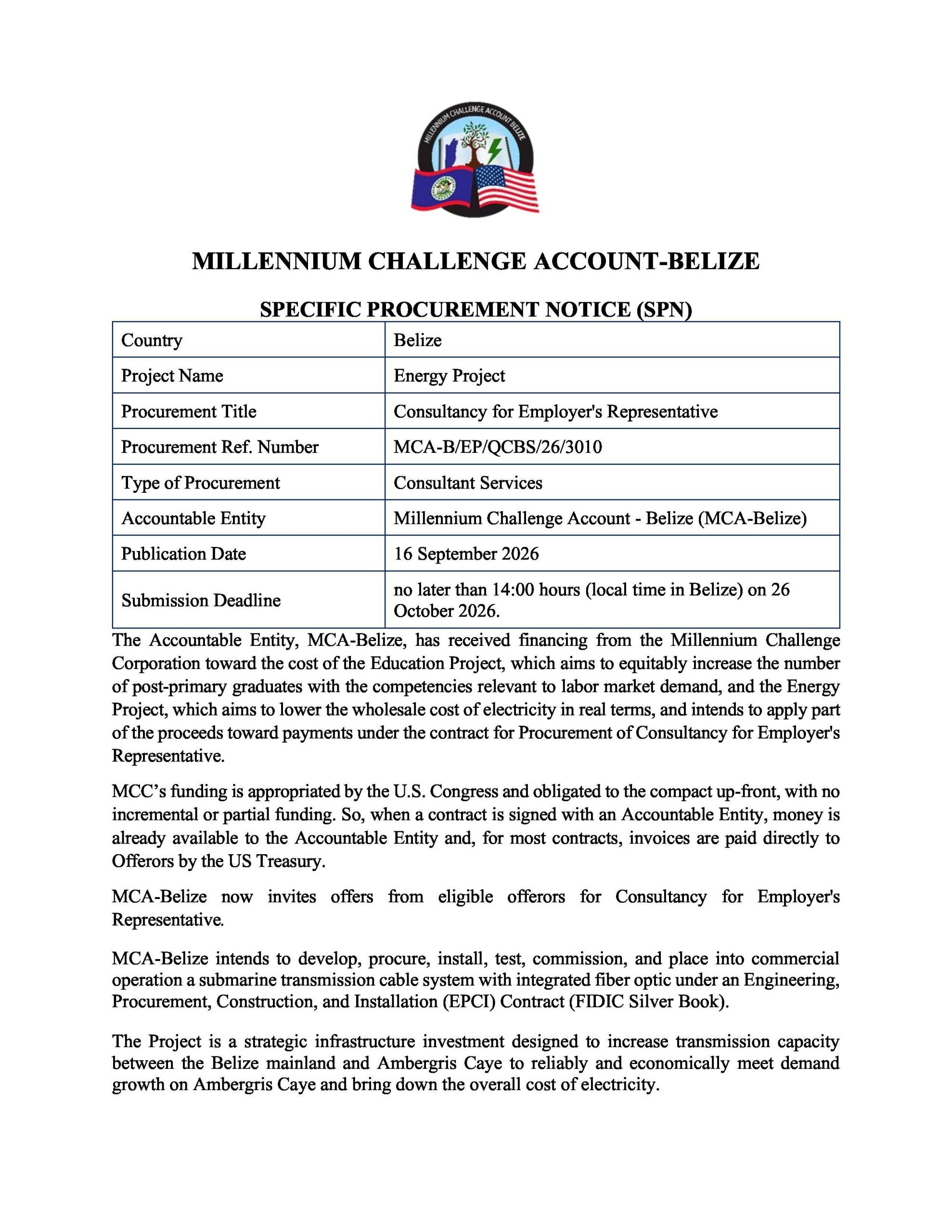 Consultancy for Employer's Representative Millennium Challenge Account - Belize (MCA-Belize) — Ministry of Economic Transformation